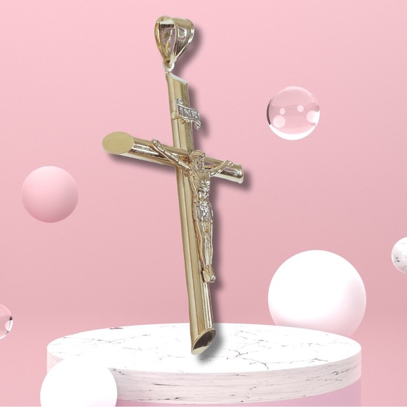 GOLD Cross Jesus pendant 14k Crucifix yellow Charm necklace Big Gold Filled - Picture 6 of 9